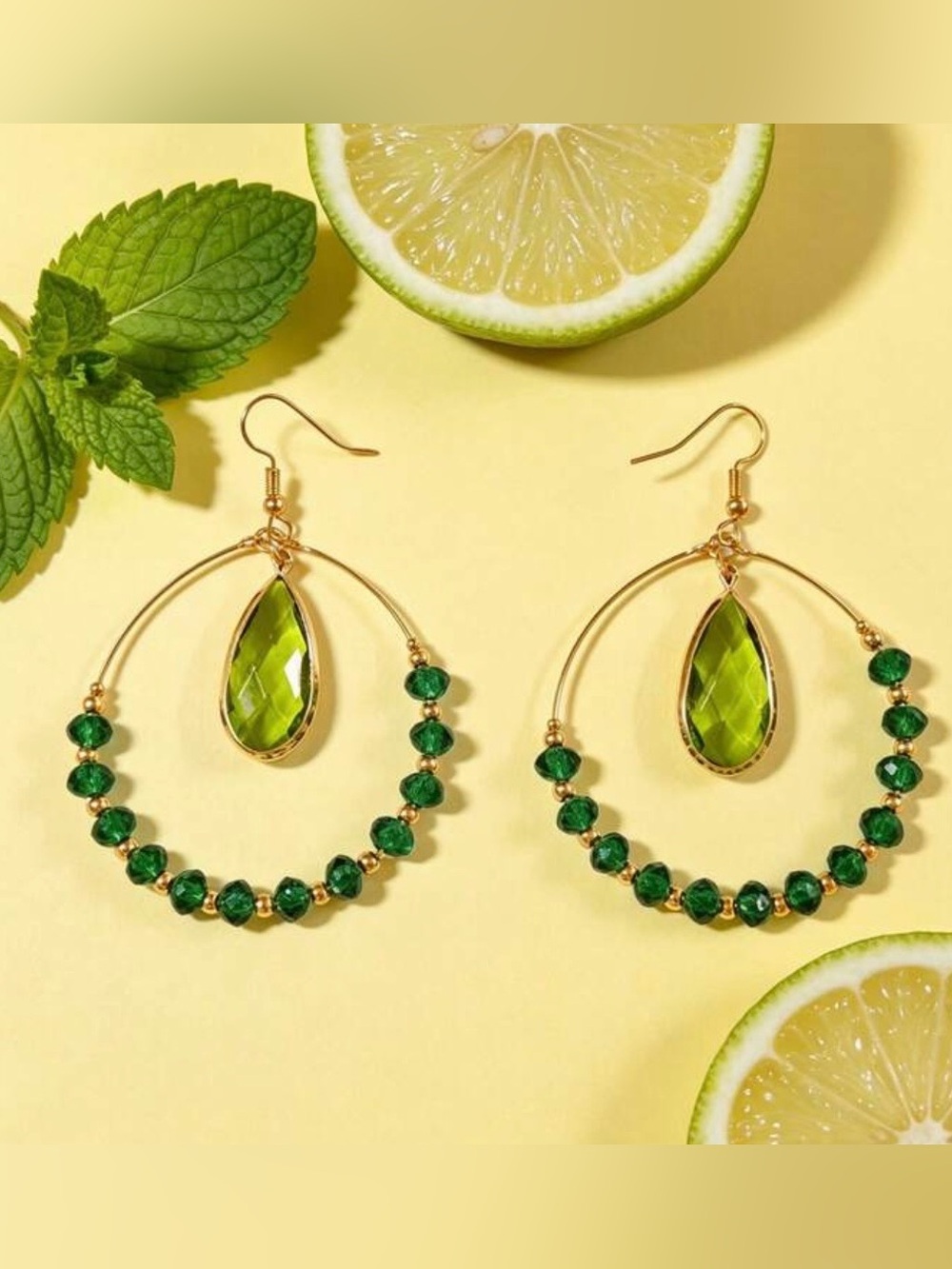 Elegant Gold and green bead Dangle Earrings with faux sones